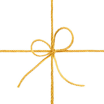 A package or gift is neatly tied with a simple, golden rope bow, isolated on a white background.
