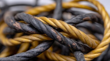 ro view of tangled dusty black and gold rope or cable showing intricate fiber texture
