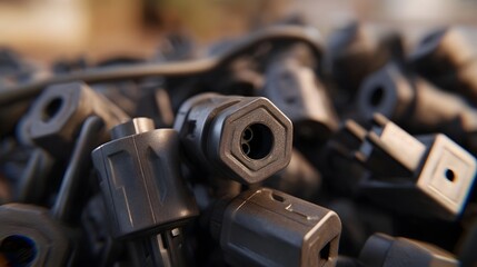 A close up view of a pile of dark hexagonal industrial connectors and components