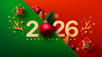 A festive "Happy 2026 New Year" graphic with a red and green color scheme and golden accents.