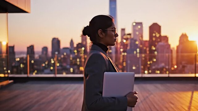 Side view of a determined businesswoman with her computer, contemplating the future against a stunning metropolitan sunset background