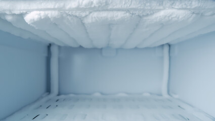 The inside of an empty, clean freezer with a light frost on the walls and shelves.