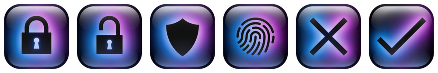Glass rounded square button icons featuring Security and Access symbols with Blue and Purple Neon Glow. Authentication and Data Protection icon pack.