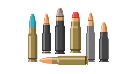 A flat illustration depicts seven bullets of varying sizes and colors arranged against a stark white background. This image has a clear, stylized aesthetic