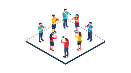 Team collaboration in isometric style with diverse professionals engaging with technology