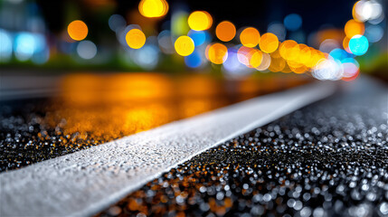 Macro close-up of wet asphalt road with white lane line and colorful bokeh city lights at night, rain reflections on pavement, concept of urban travel, speed and safety.