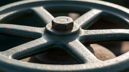 Macro Industrial Valve Wheel Mockup with Metallic Texture and Central Bolt