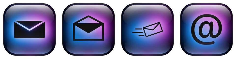 Glass rounded square button icons featuring Email and Location symbols with Blue and Purple Neon Glow. Contact and Mail icon set.