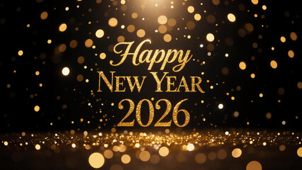 Happy New Year 2026 Golden Bokeh Lights Celebration Background.