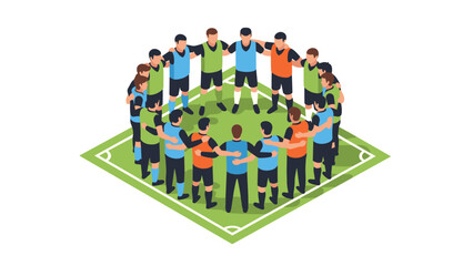 Soccer team huddle on field in isometric style