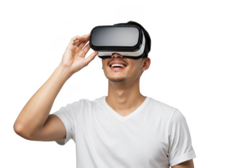Man wearing virtual reality headset and smiling isolated on transparent background