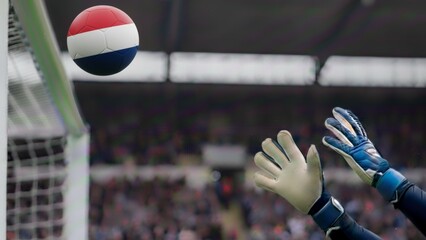 Dynamic soccer goalkeeper action reaching for the flag-colored ball during an intense match moment