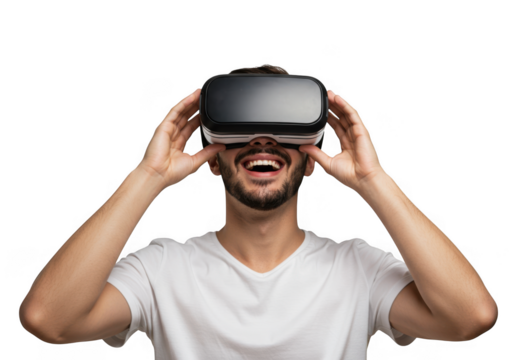 Man wearing virtual reality headset and laughing isolated on transparent background - Powered by Adobe