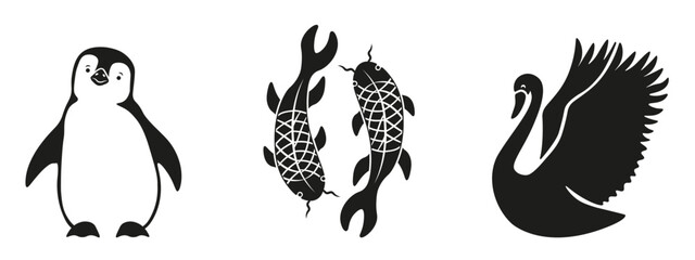 Set abstract vector animal isolated transparent background. Asian fish penguin and swan in modern cut stylish. Perfect child t-shirt print design. EPS 10