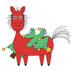 Cute hand drawn 2026 Zodiac animal isolated transparent. Kids drawing red horse with christmas tree template design. Perfect child 2026 Chinese New Year art png element for t-shirt mug decor. Editable