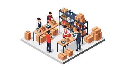 Isometric warehouse team packing and organizing goods in a modern distribution center