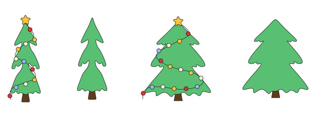 Funny vector Christmas Tree set. Cute hand drawn Christmas tree with Christmas light and star collection isolated transparent background. Perfect for XMAS art poster print design. Editable stroke. EPS