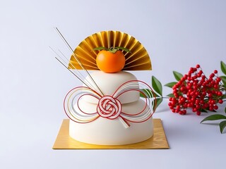 White wedding cake with orange and decorations on top