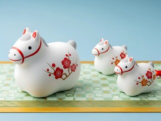 Three white ceramic horses with floral decoration on a table
