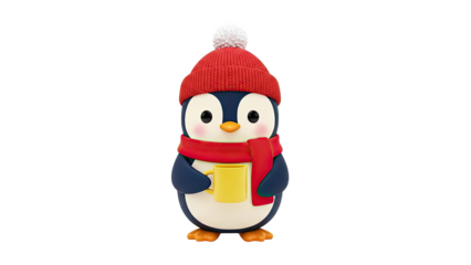 Cute Penguin with Red Hat and Scarf Holding a Yellow Mug