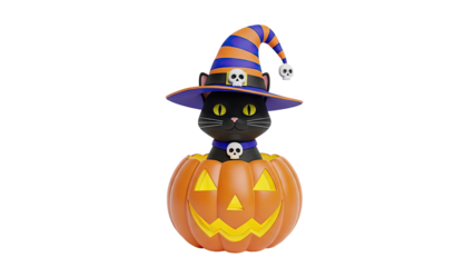 Cute Halloween Black Cat in Jack-o'-lantern with Witch Hat and Skulls