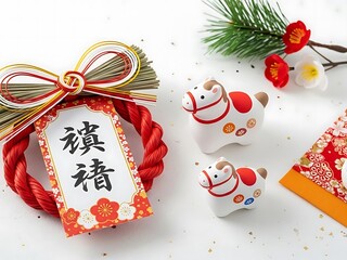 Japanese new year decorations with maneki neko and pine branch