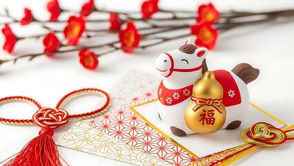 Chinese new year decoration with horse figurine and lucky charm