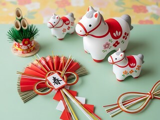 Traditional japanese new year decorations with horse figurines and fan
