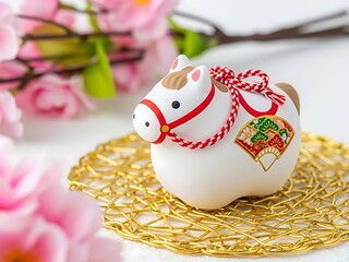 Decorative white horse figurine on gold plate with cherry blossoms