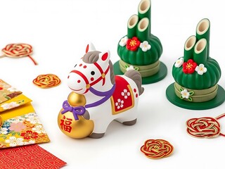 Chinese new year horse figurine with festive decorations and coins