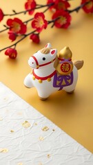 Small white pig figurine with red and gold decorations on yellow background with flowers