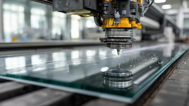 Medium shot focused on the precise machinery processing steelglass composites with anodizing treatments revealing the clear flawless finish of the hybrid layer.