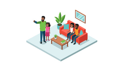 Family watching tv together in living room isometric design