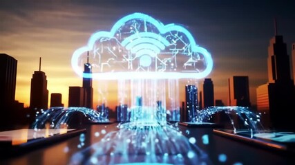 A futuristic cityscape with a glowing blue cloud-shaped structure emitting light beams and surrounded by holographic elements on tablet-like objects - Powered by Adobe