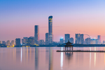 Night view of the skyline of Jinji Lake Pavilion in Suzhou, Jiangsu Province, China