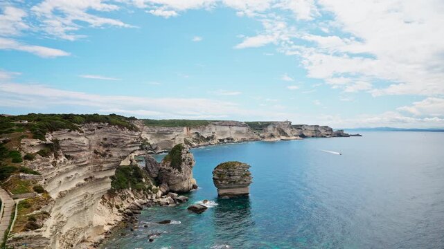 Panoramic view of the picturesque landscape around Bonifacio in Corsica, France. View of the sea and high rock coastline.
