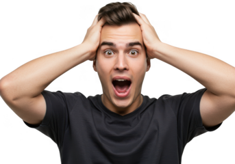 Man with hands on head in shock isolated on transparent background