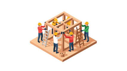 Isometric construction team building wooden structure