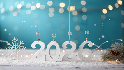 Happy New Year 2026 celebration background with hanging 3D numbers, glowing lights and minimal professional design