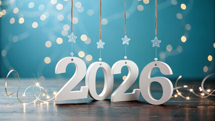 Happy New Year 2026 celebration background with hanging 3D numbers, glowing lights and minimal professional design