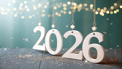Happy New Year 2026 celebration background with hanging 3D numbers, glowing lights and minimal professional design