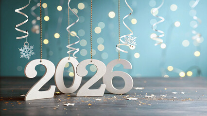 Happy New Year 2026 celebration background with hanging 3D numbers, glowing lights and minimal professional design