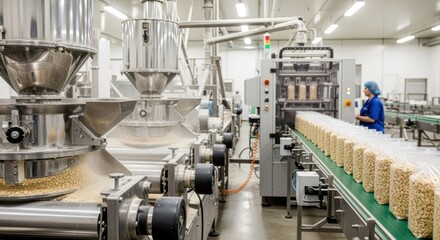 Medium shot of industrial oat processing line showing large machinery milling and packaging oats efficiently.