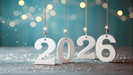 Happy New Year 2026 celebration background with hanging 3D numbers, glowing lights and minimal professional design