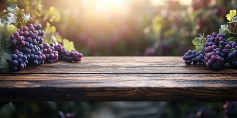 Ripe purple grapes on wooden table with vineyard background glowing under warm morning sunlight, perfect for food advertising, wellness branding, organic product packaging