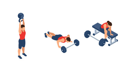 Isometric workout set: kettlebell lift, push-up, bent-over row bench exercise