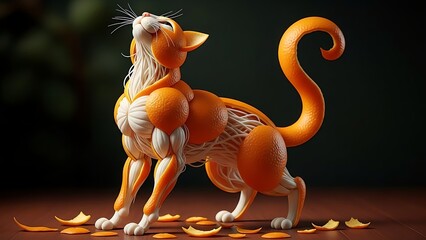 A visually striking, anatomical representation of a feline creature masterfully constructed entirely from bright orange citrus segments and white fibrous tissue.