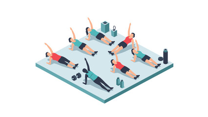 Isometric group workout session with various exercises and equipment