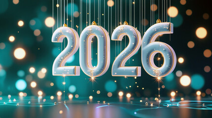 Happy New Year 2026 celebration background with hanging 3D numbers, glowing lights and minimal professional design