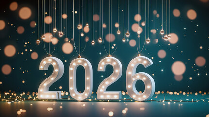 Happy New Year 2026 celebration background with hanging 3D numbers, glowing lights and minimal professional design